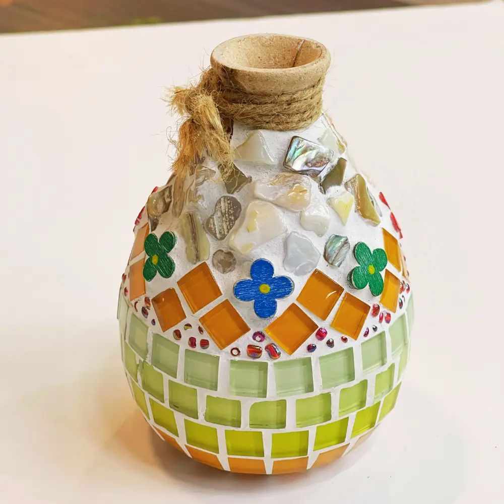 mosaic small mouth wooden vase with colorful tiles