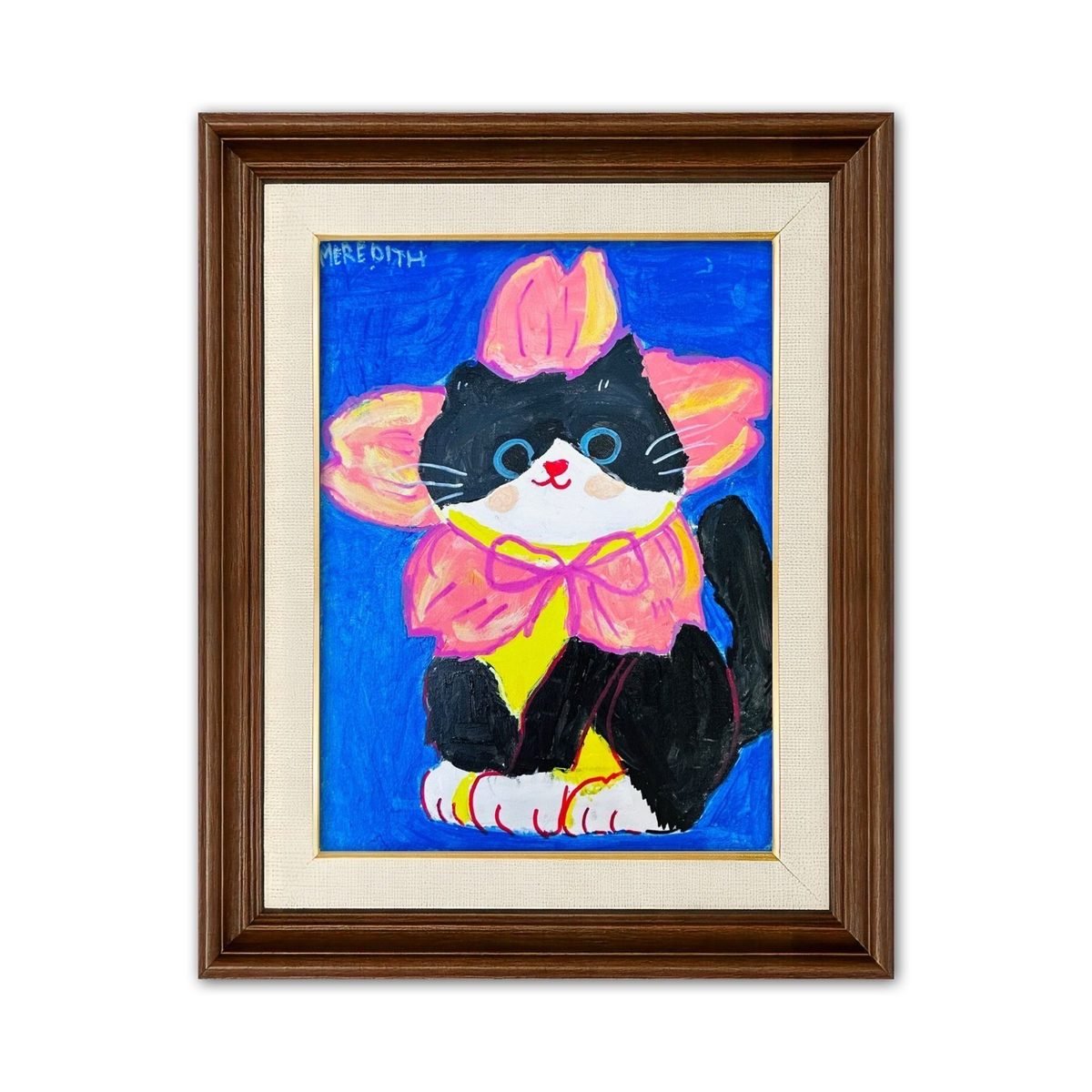 Colourful framed cat painting created by a child during an art workshop at Art Journey Singapore
