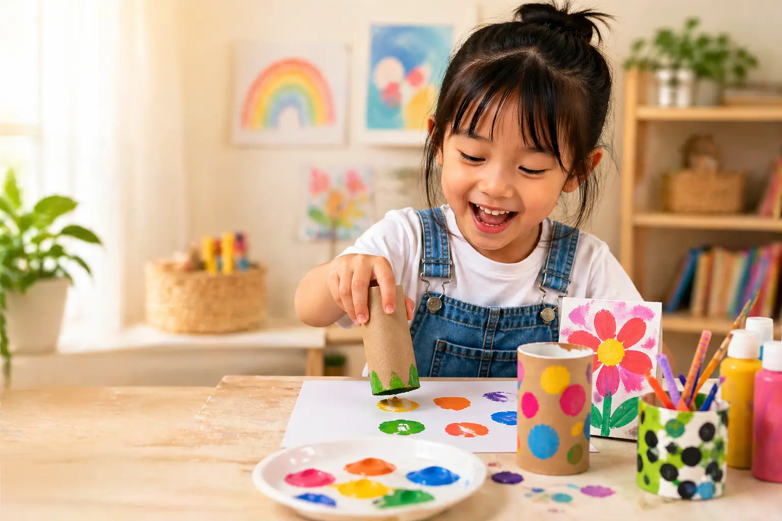 Child happily creating art at home during the school holidays using simple household materials