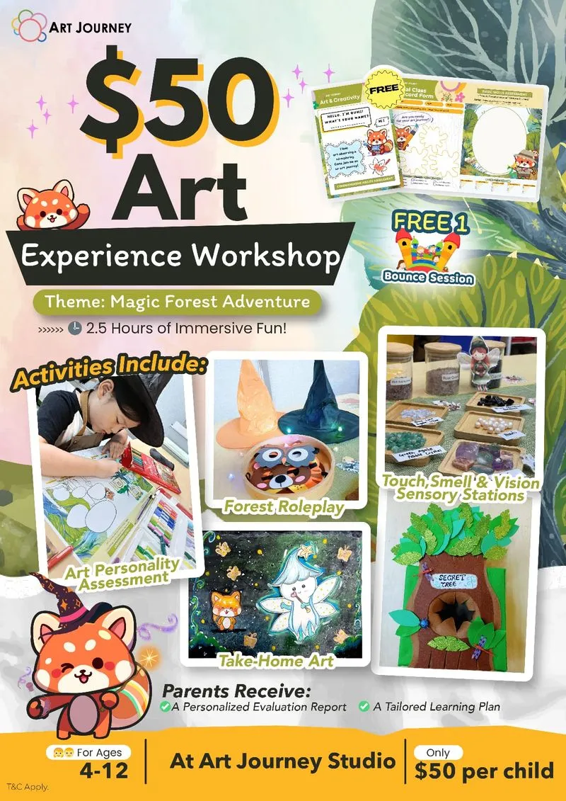 Art Journey Magic Forest Adventure Art Experience Workshop poster — 2.5 hours of immersive creative fun for kids aged 4 to 12 in Singapore