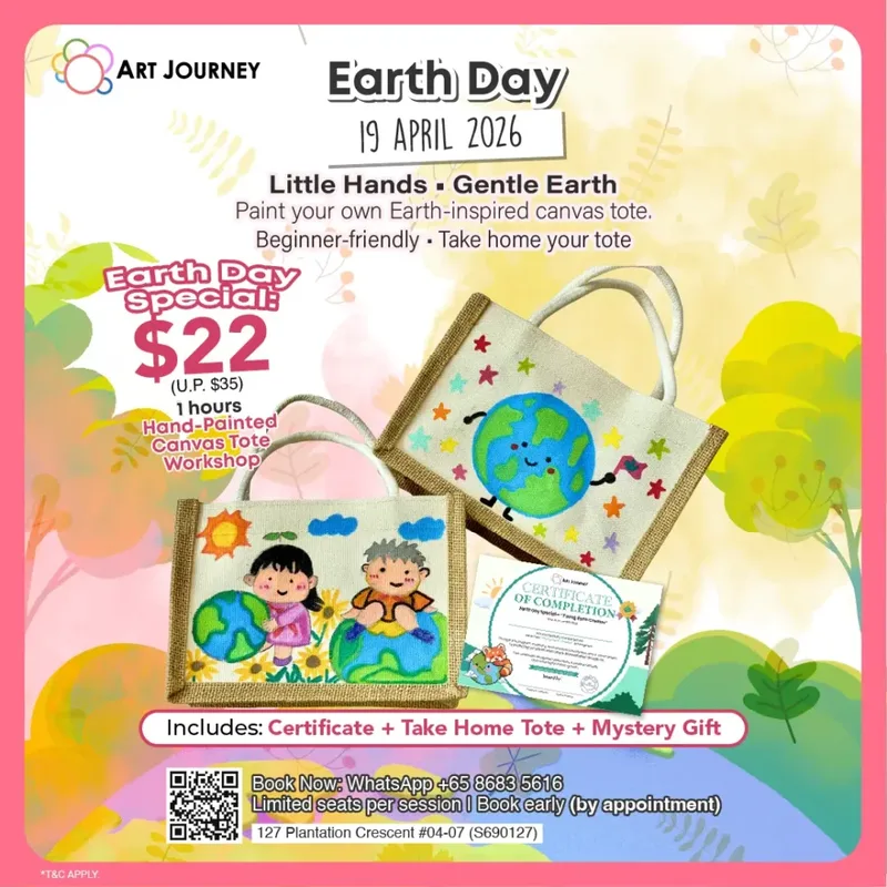Art Journey Earth Day 2026 Hand-Painted Canvas Tote Workshop on April 19 — children paint their own Earth-inspired tote bag in Singapore