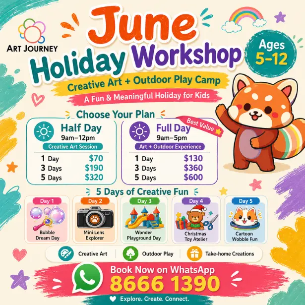 June holiday art class Singapore — Art Journey holiday workshop banner for ages 5 to 12 with creative art and outdoor play camp