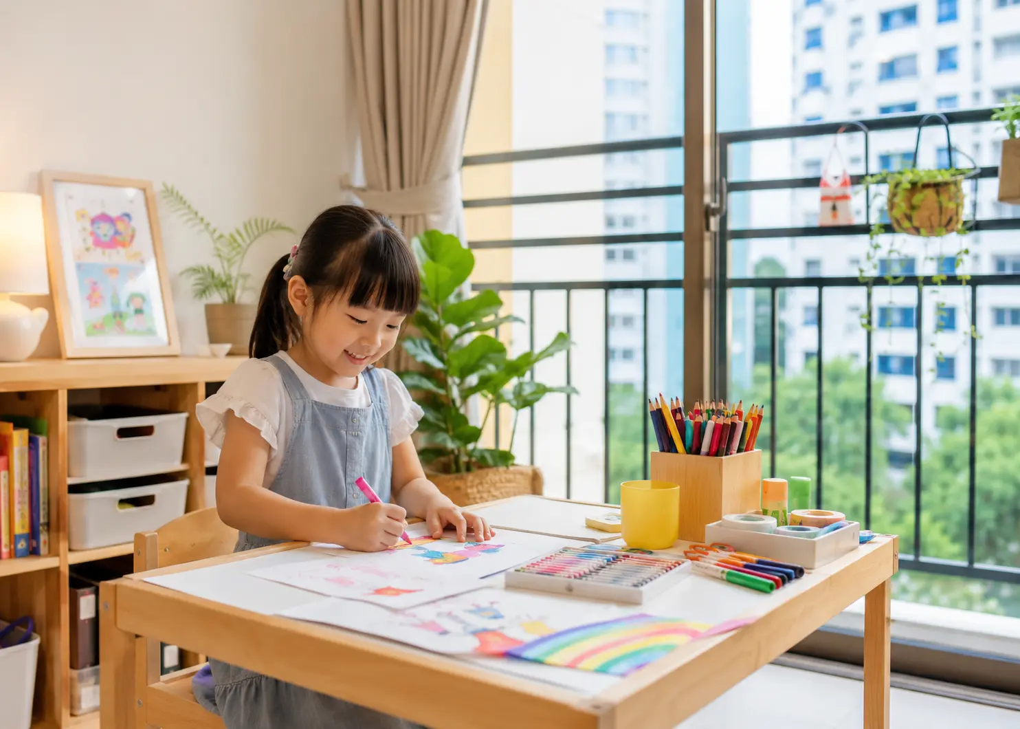 Child happily creating art at a simple home art corner set up in Singapore