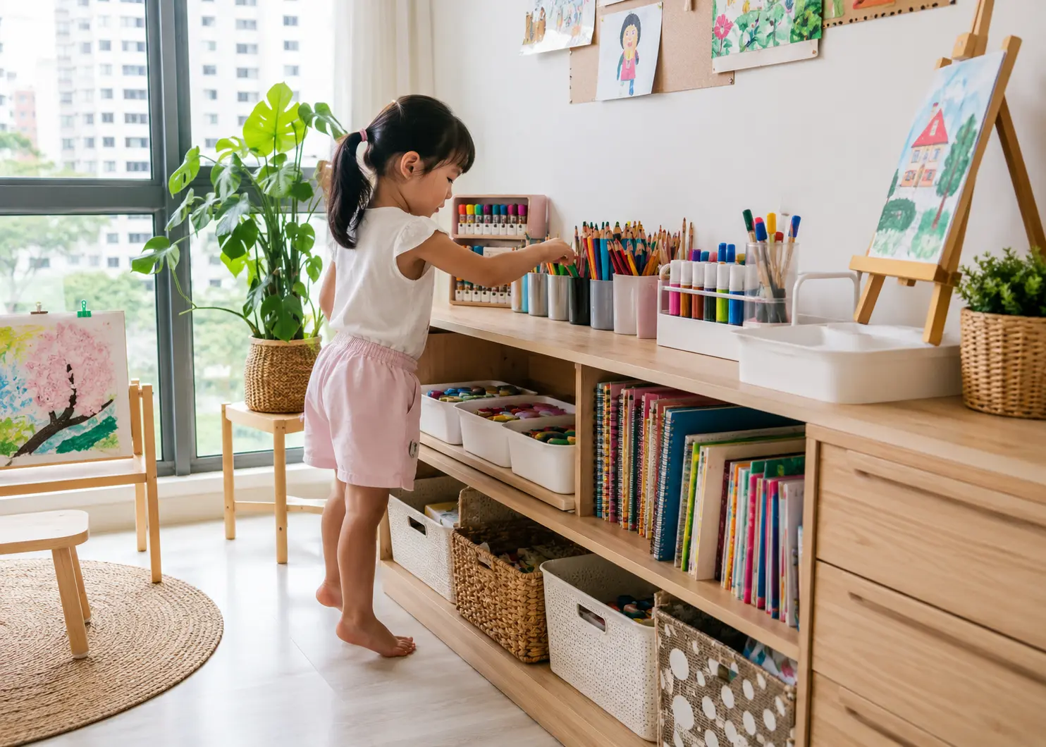 Child independently accessing art supplies from an organised home art corner in Singapore