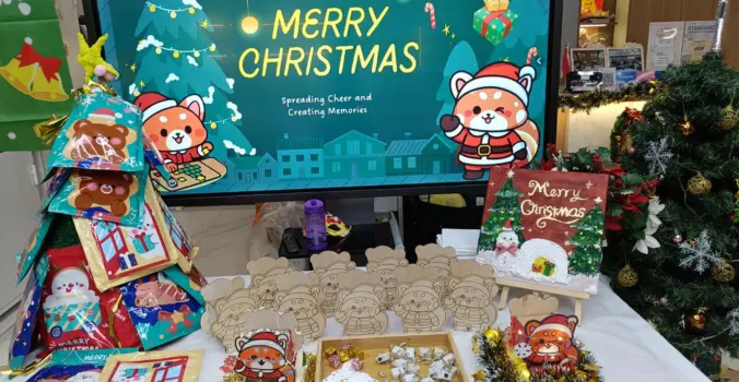 Christmas art jamming studio setup at Art Journey Singapore with festive decorations