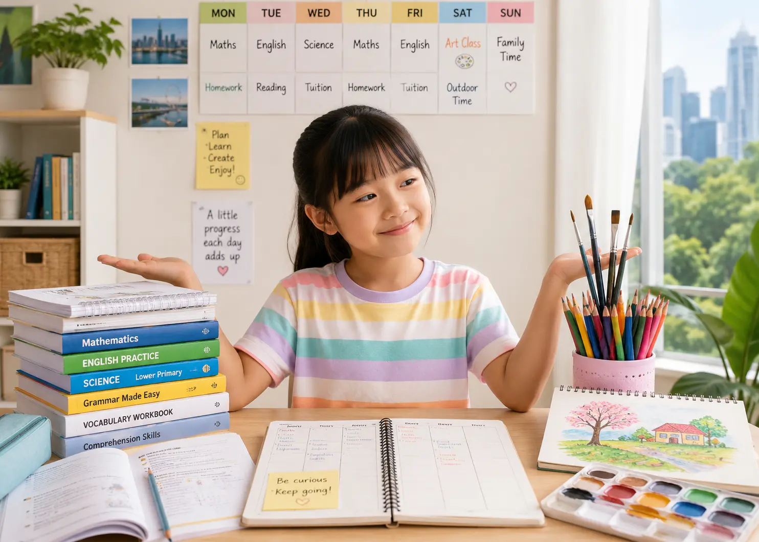 Child balancing tuition books and art supplies representing weekly schedule choices for Singapore families