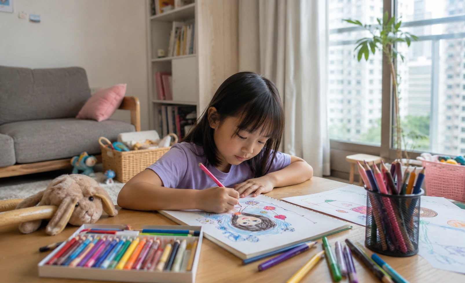 Child independently drawing and creating art at home after experiencing boredom during school holidays