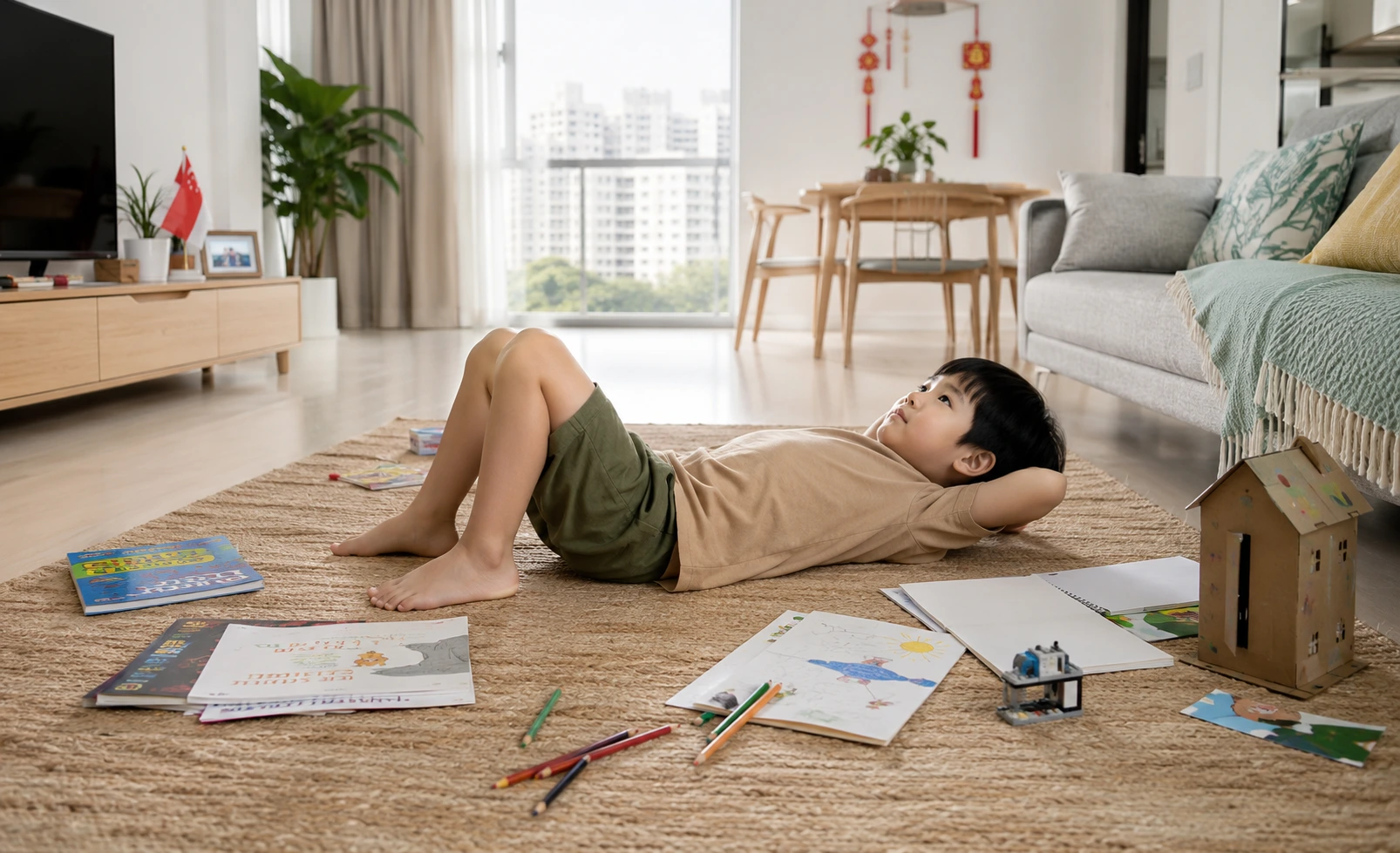 Child lying on floor staring at ceiling during school holidays in Singapore representing productive boredom