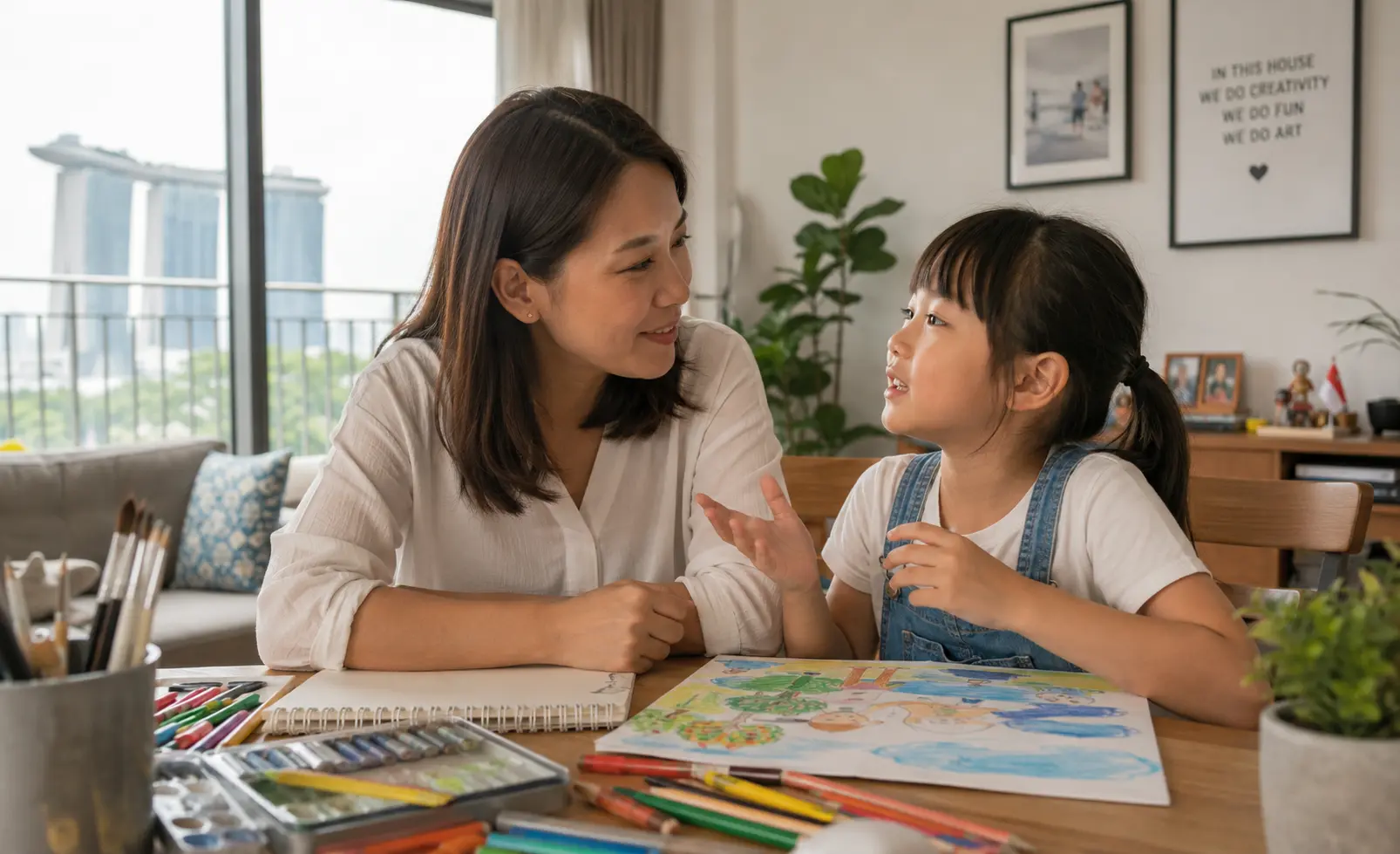 Singapore parent and child having a calm conversation about creativity and art at home