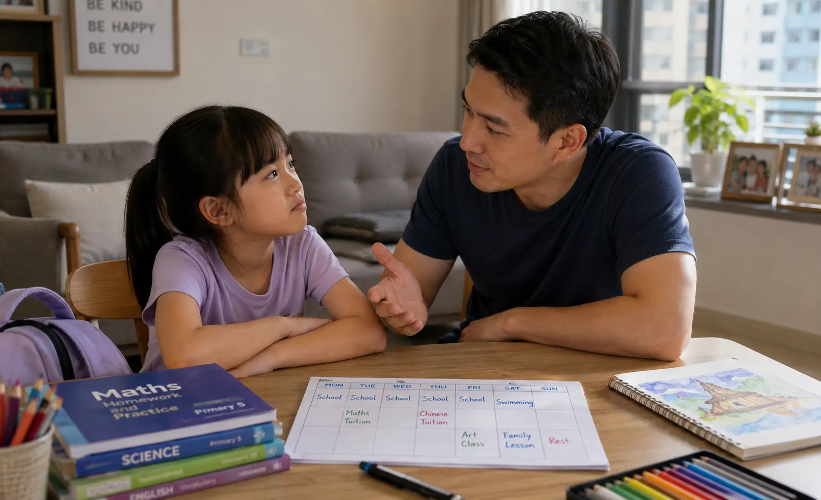 Singapore parent having a calm conversation with reluctant child about continuing enrichment activities