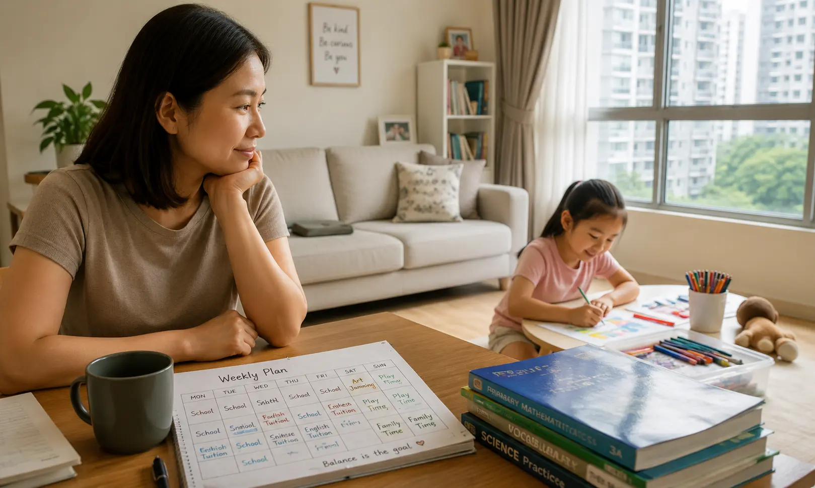 Singapore parent sitting thoughtfully while child plays freely, reflecting on enrichment schedule balance