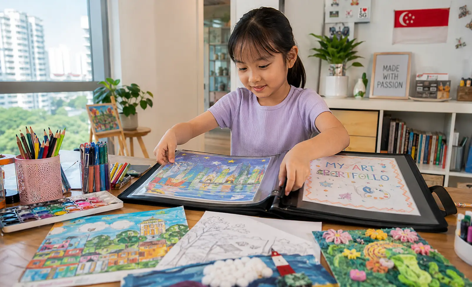 Singapore primary school child building an art portfolio with creative works from workshop sessions