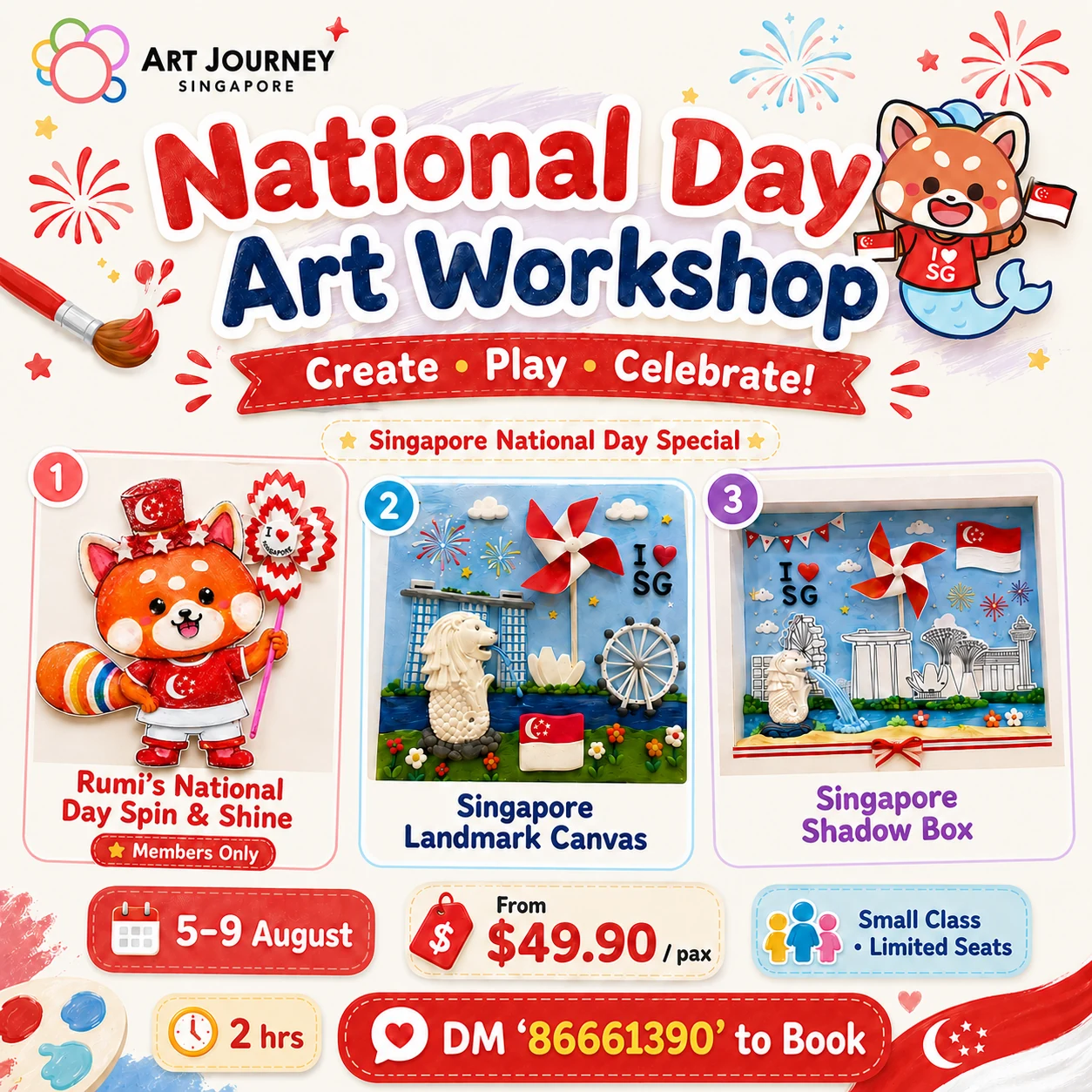 Art Journey Singapore National Day Art Workshop featuring Rumi's National Day Spin and Shine, Singapore Landmark Canvas and Singapore Shadow Box