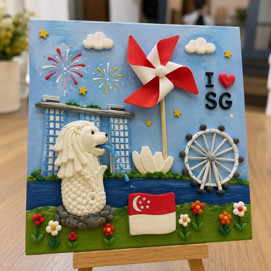 Singapore Landmark Canvas with Merlion, Marina Bay Sands and Singapore Flyer