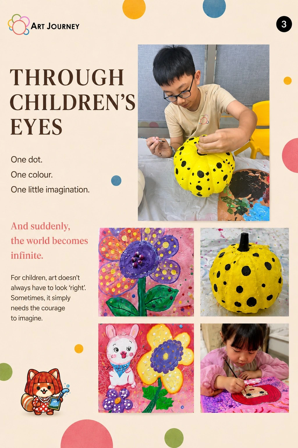 Child at Art Journey Singapore painting black dots onto a yellow pumpkin sculpture during a Kusama-inspired art workshop