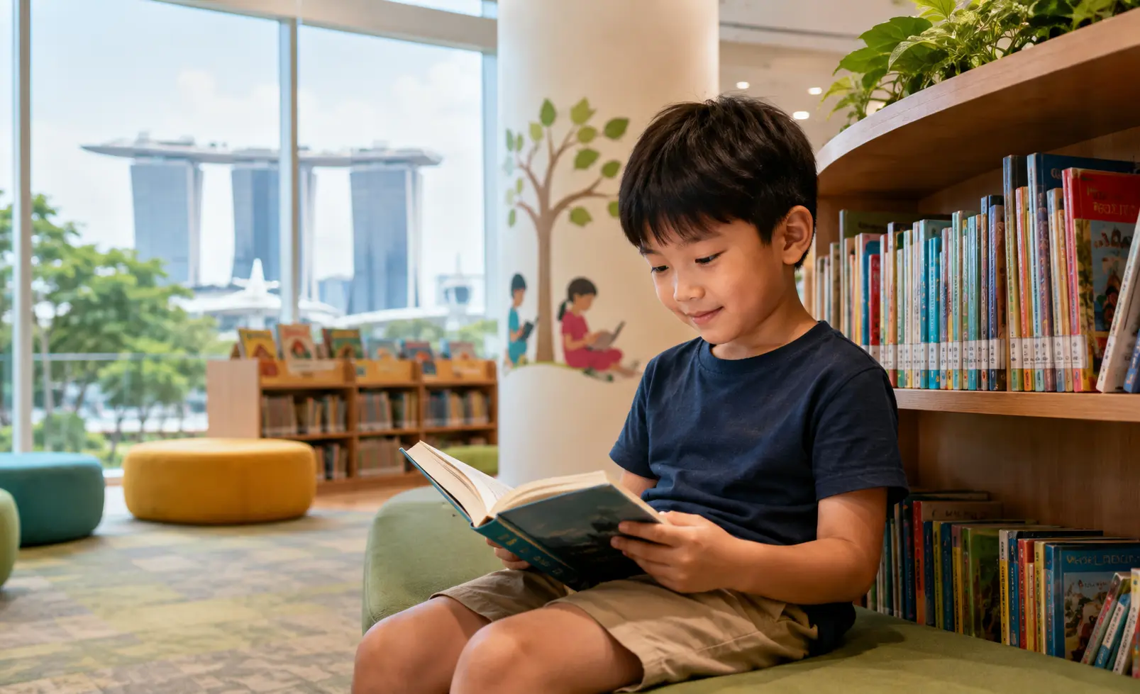 Child reading a book at a Singapore library during screen-free time as part of healthy digital habits