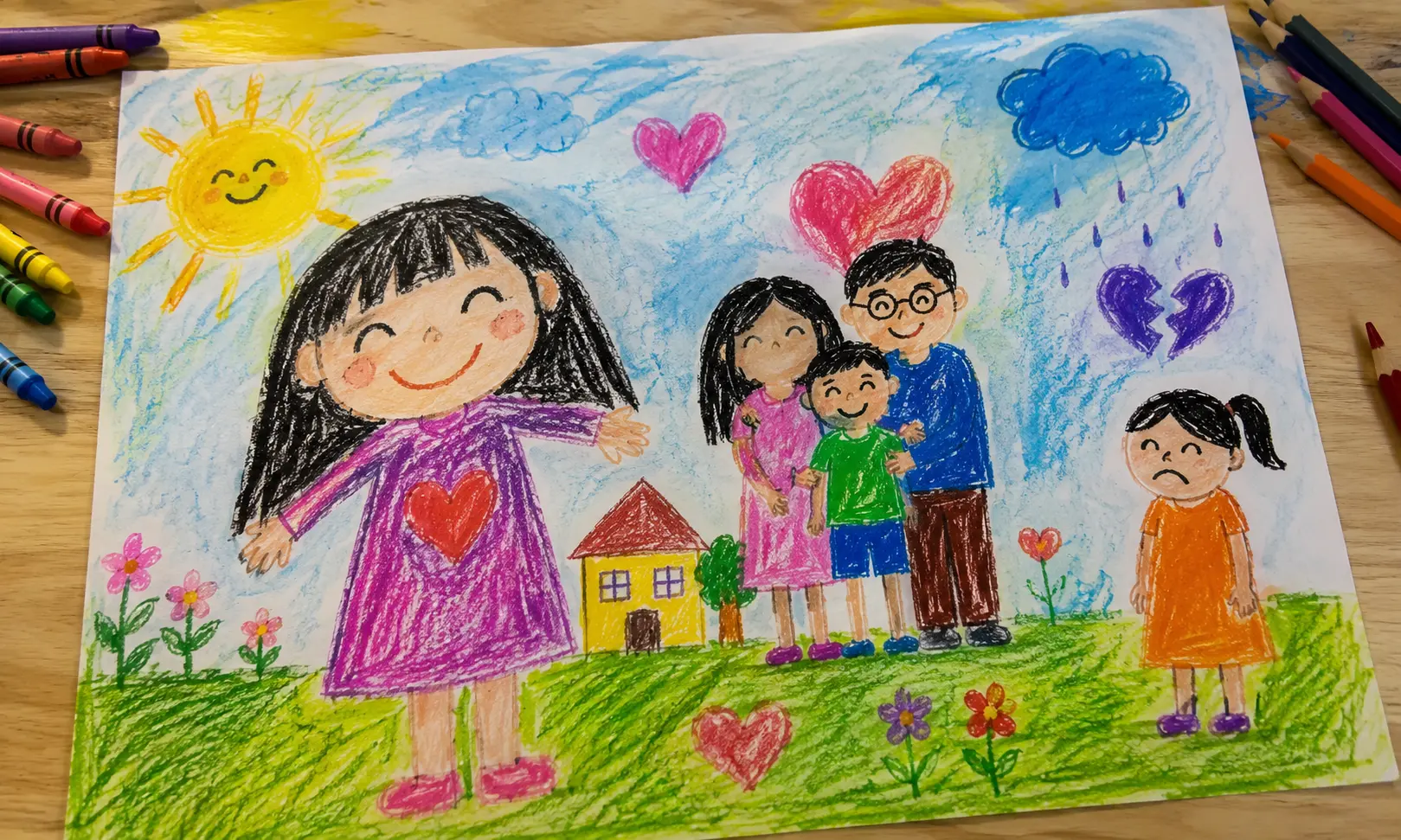Child's colourful family drawing artwork showing emotional expression through size placement and colour choices