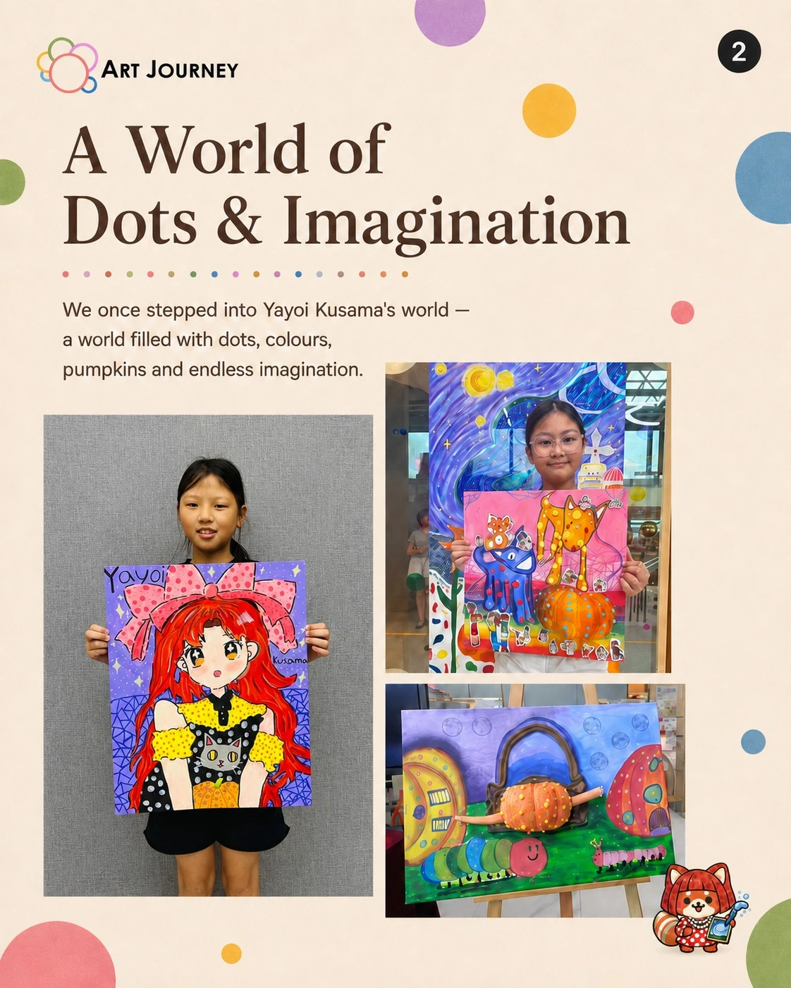 Girl holding a completed polka dot portrait canvas inspired by Yayoi Kusama at Art Journey Singapore