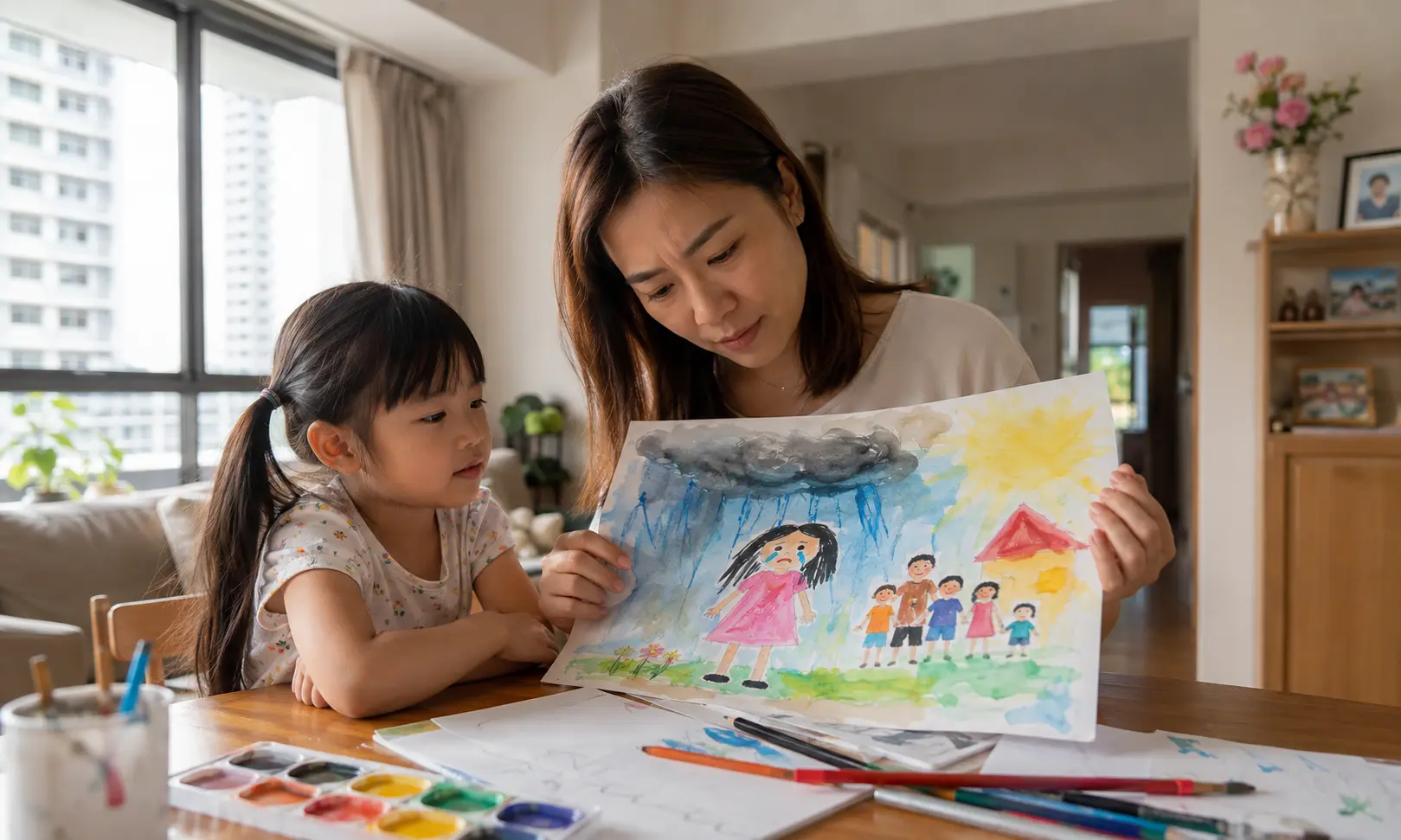 Parent looking closely at child's artwork painting trying to understand emotional meaning behind the drawing
