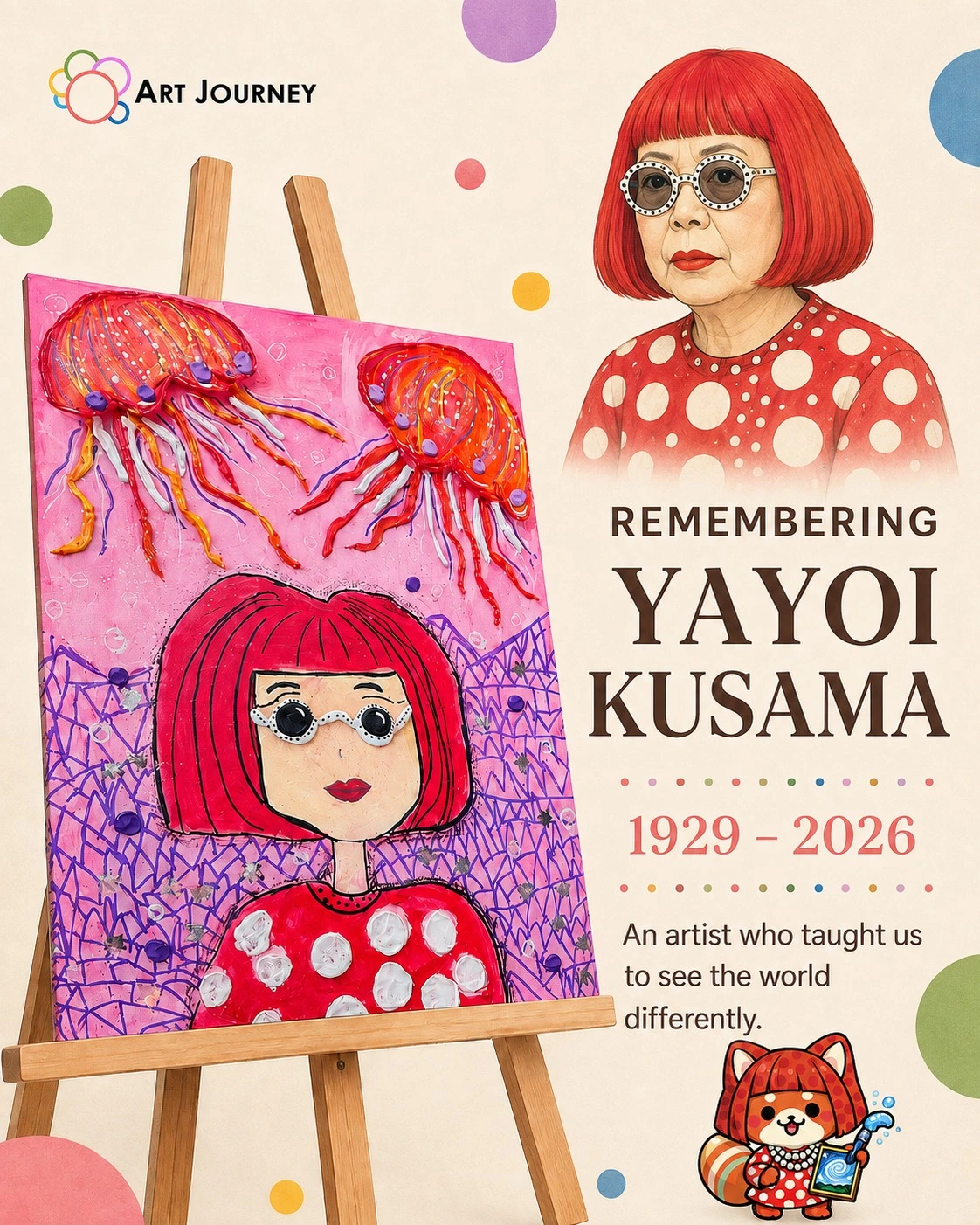 Remembering Yayoi Kusama tribute by Art Journey Singapore, featuring a child's polka dot portrait painting on an easel