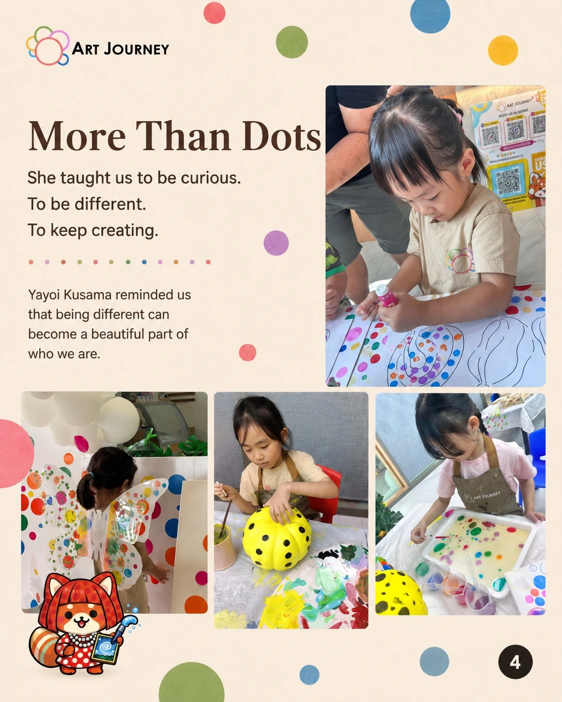 Young child adding coloured dots to a large collaborative dot mural at Art Journey Singapore