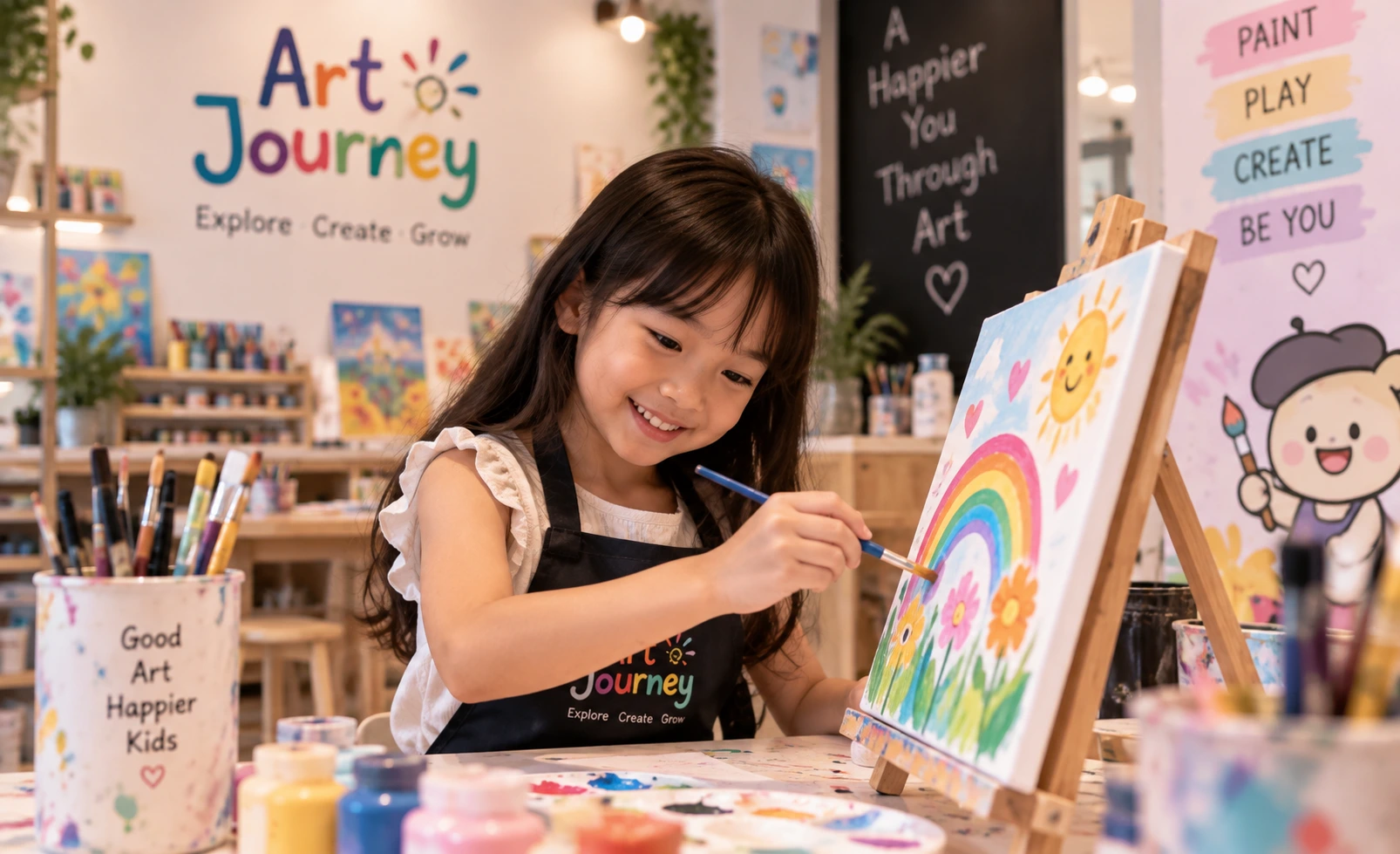 Child happily painting canvas at Art Journey Singapore during a solo weekend art session away from PSLE stress at home