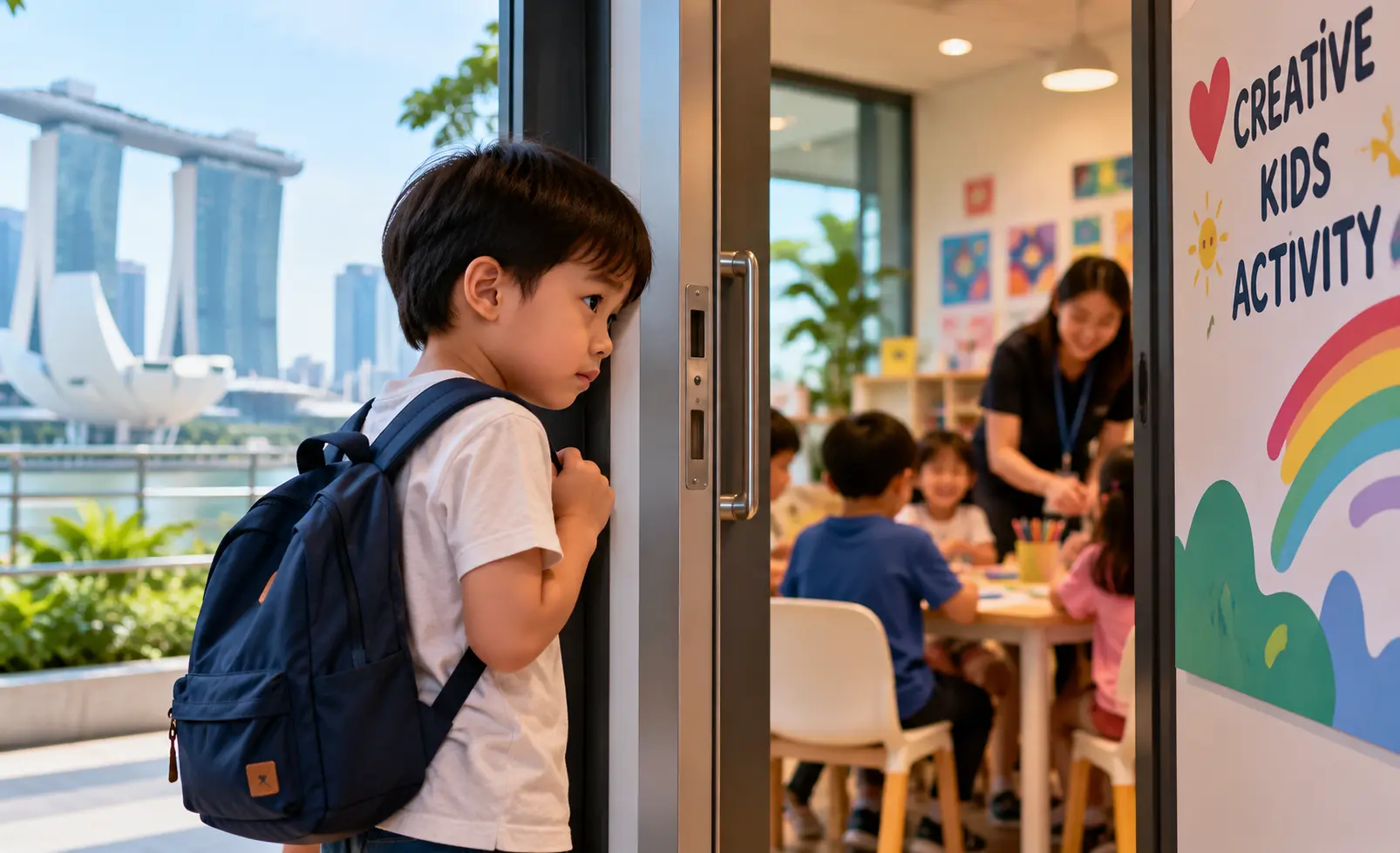 Child standing at the doorway of a new activity in Singapore hesitating before joining in