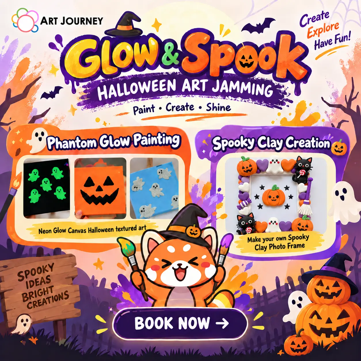 Glow and Spook Halloween art jamming in Singapore: phantom glow painting and spooky clay photo frame at Art Journey