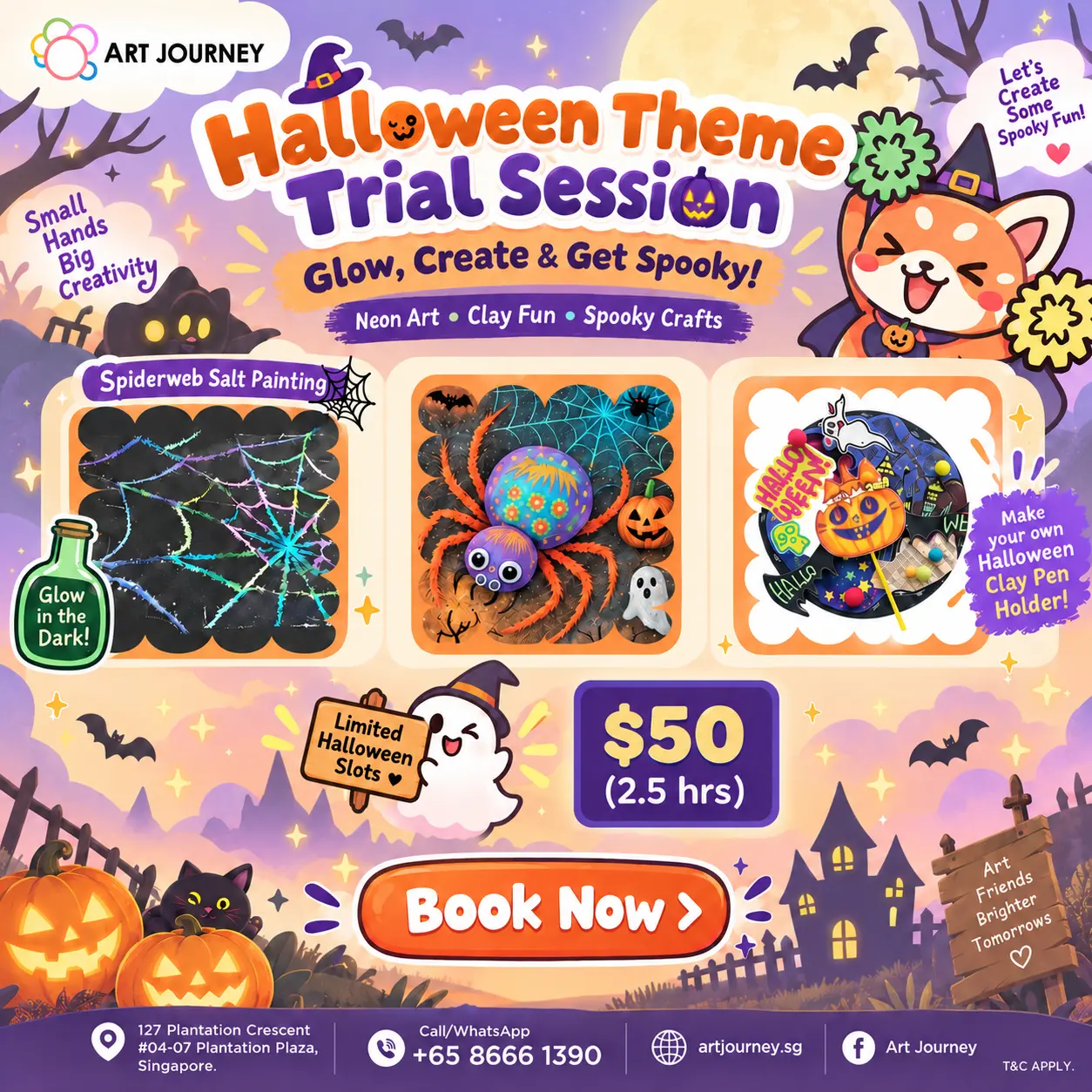 Halloween art workshop for kids in Singapore: $50 trial session with spiderweb salt painting, clay spider and Halloween clay pen holder at Art Journey