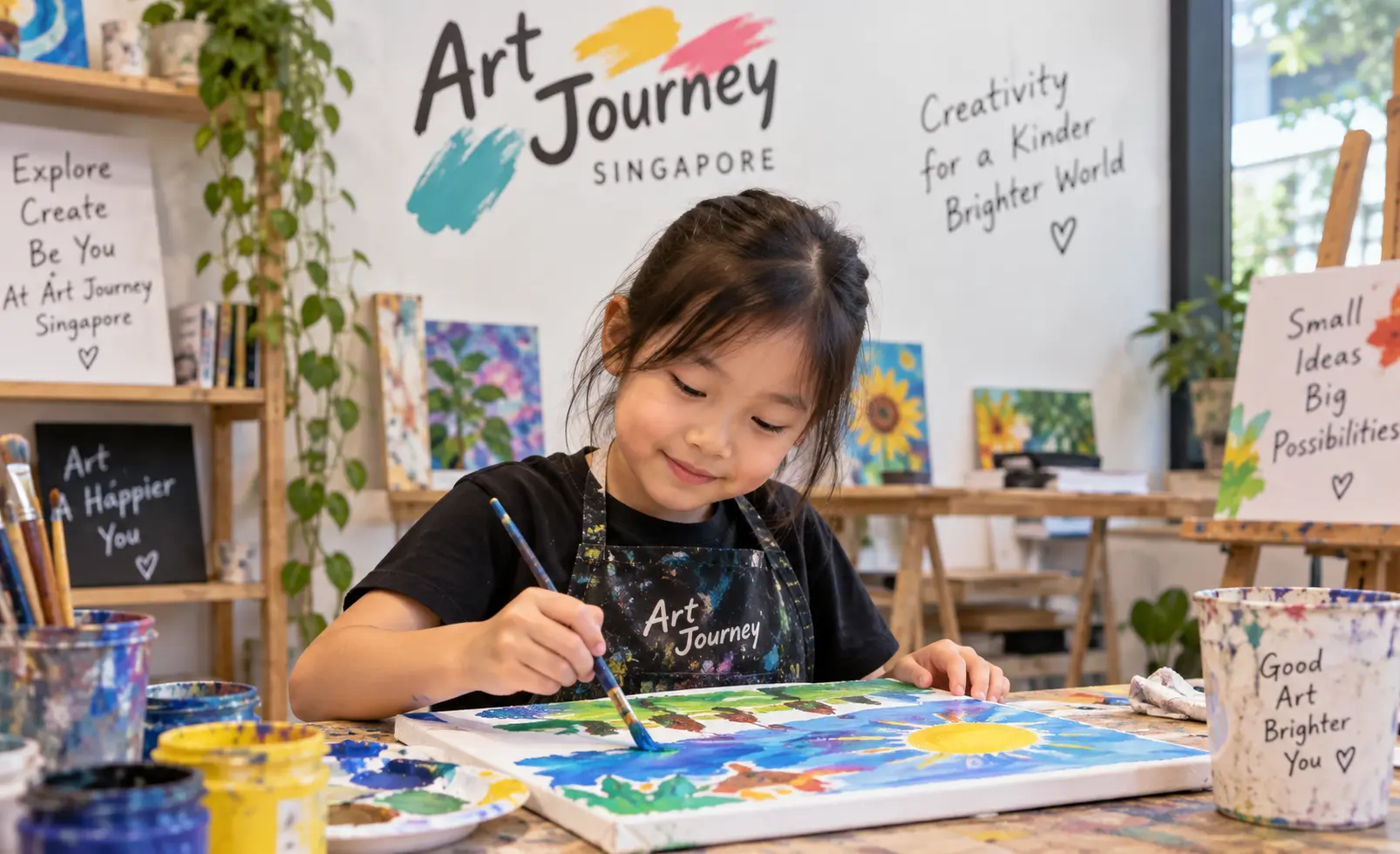 Child working on their own painting at Art Journey Singapore with no competition or grading involved