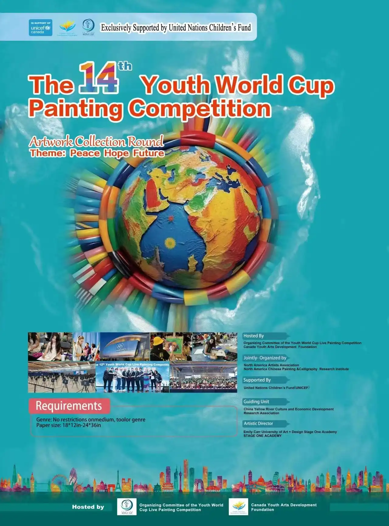 Poster for the 14th Youth World Cup Painting Competition artwork collection round, theme Peace Hope Future