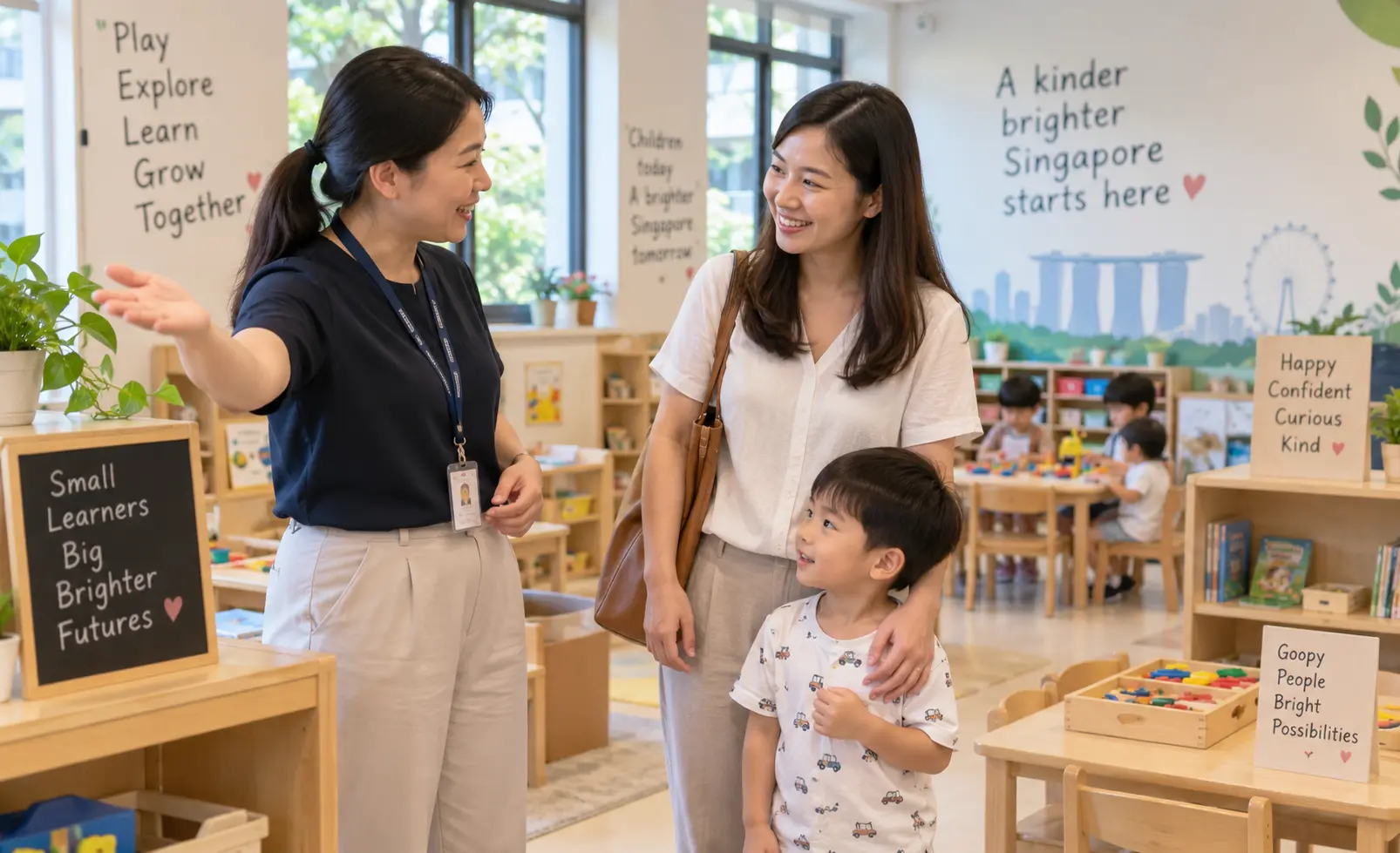 Singapore parent visiting a preschool with young child to assess if it's the right fit before enrolment