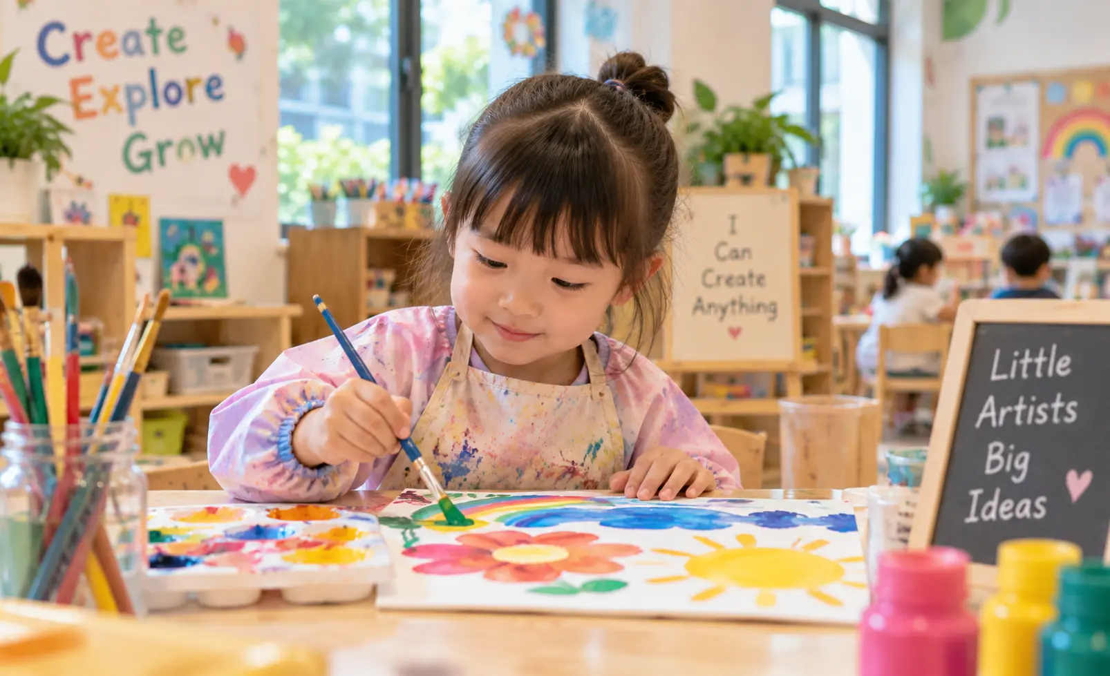 Young child engaged in creative art activity at preschool showing independent creative decision-making