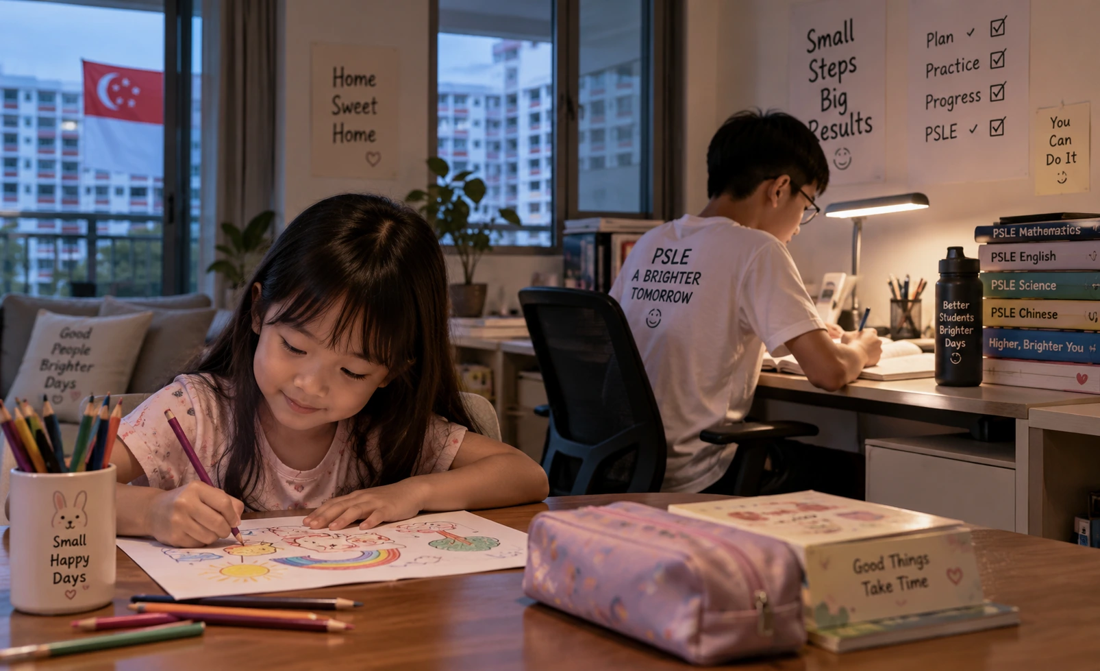 Younger sibling drawing alone at home while older brother studies for PSLE in Singapore