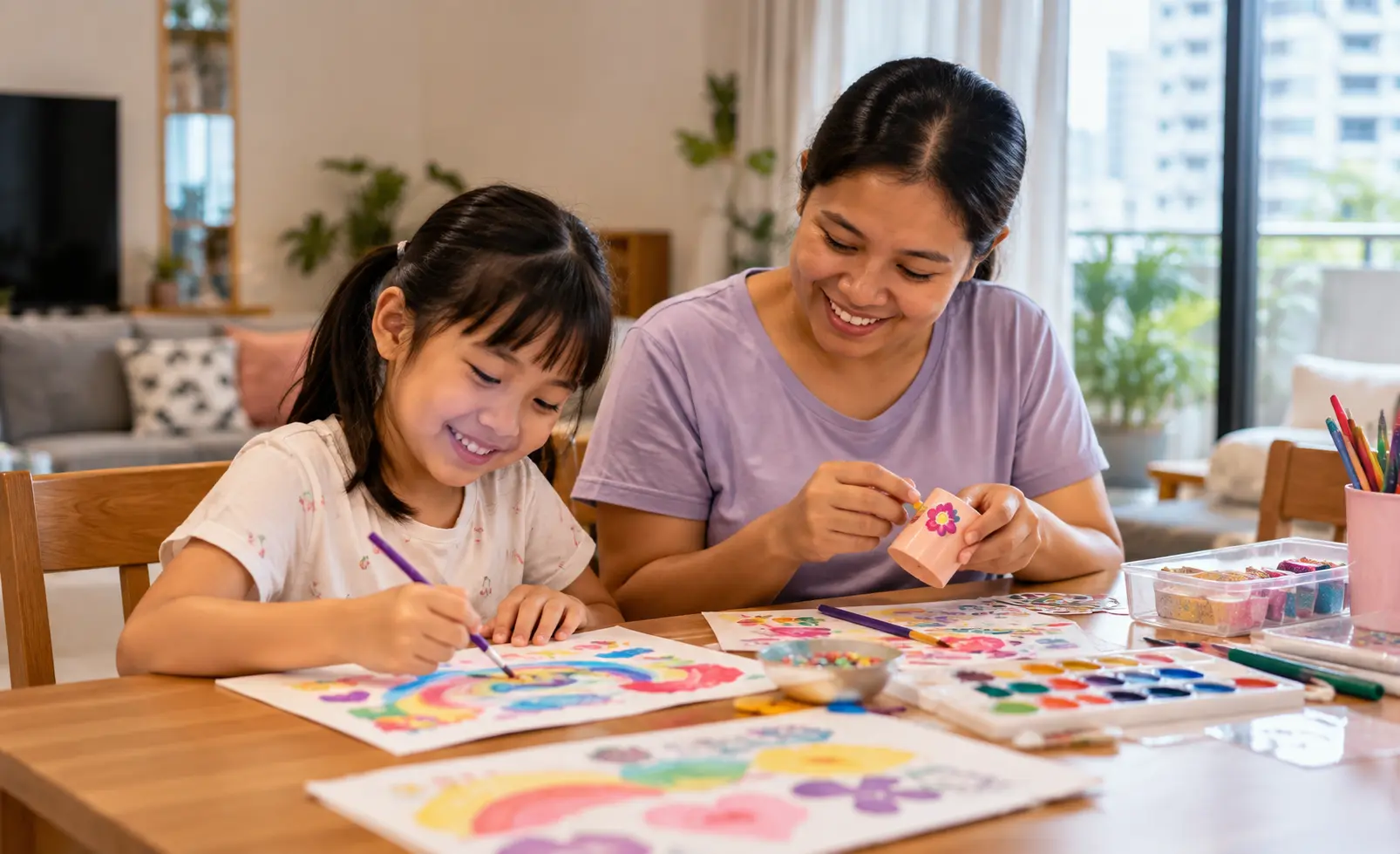 Child and helper working side by side on a creative activity in a Singapore home after school