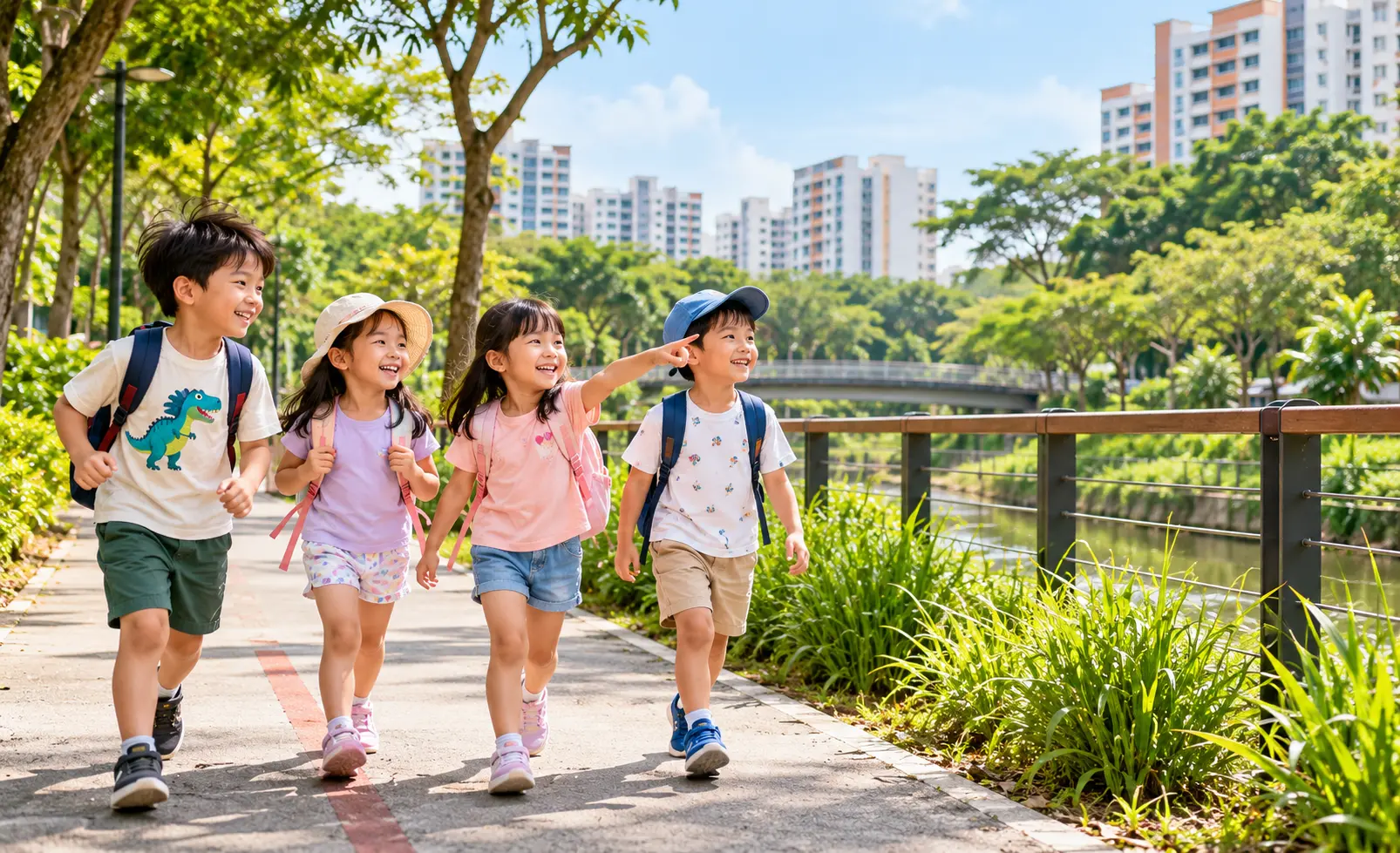 Children exploring a park connector path in west Singapore on a weekend morning