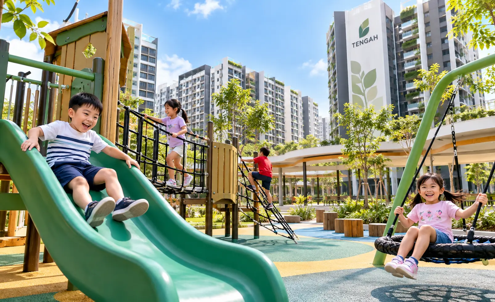 Children playing at a new playground in a Tengah neighbourhood with HDB blocks in the background