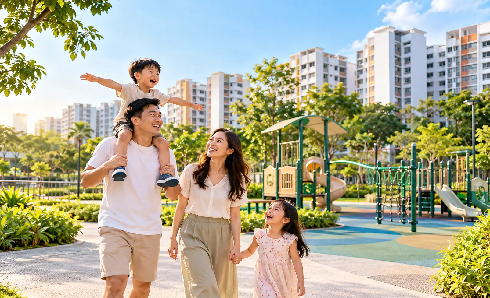 Family with young children at a park in the west of Singapore with HDB blocks in the background