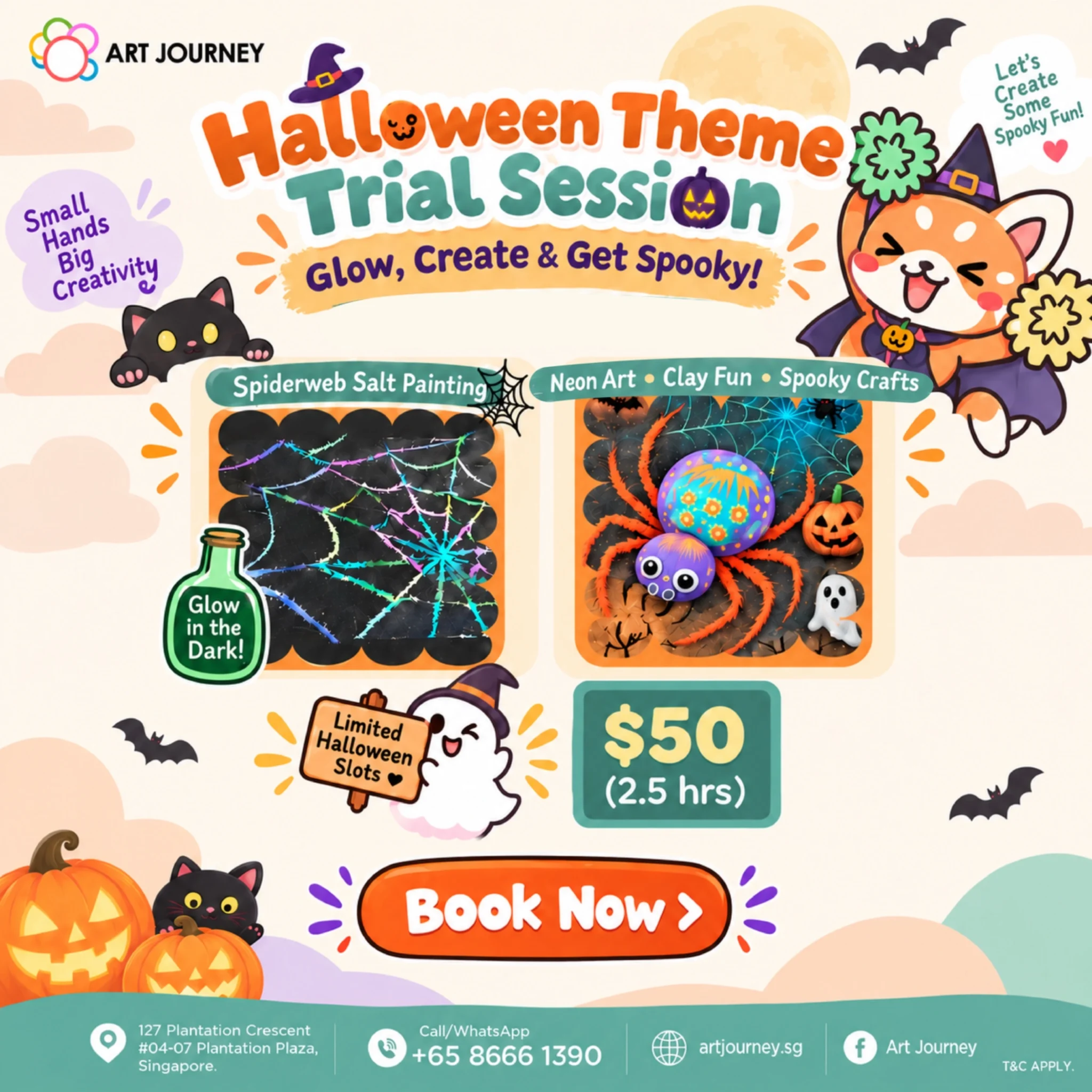 Halloween art activities trial session for kids in Singapore — spiderweb salt painting, neon art, clay fun and spooky crafts, $50 for 2.5 hours at Art Journey