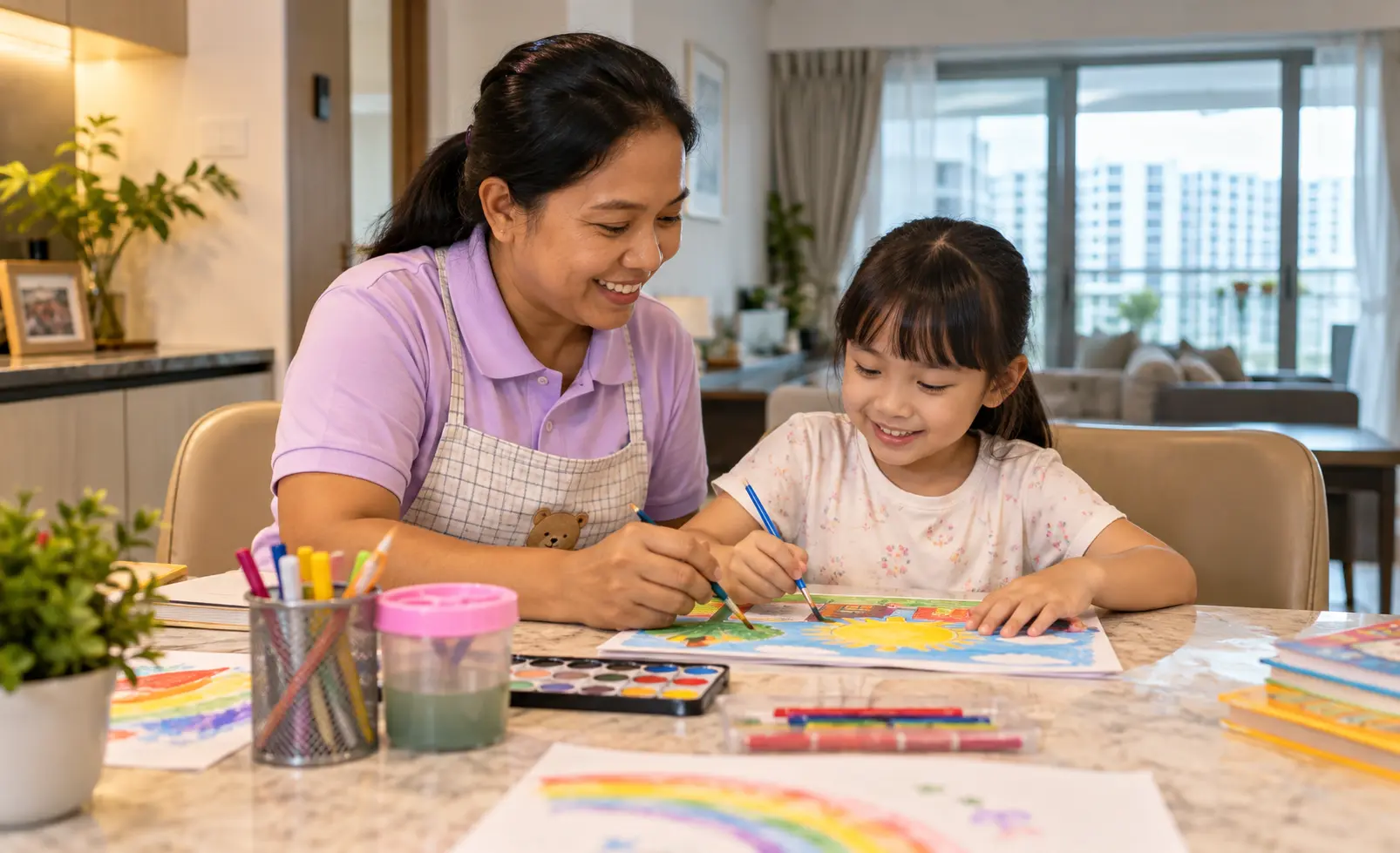 Helper and child doing an after-school activity together at the dining table in a Singapore home