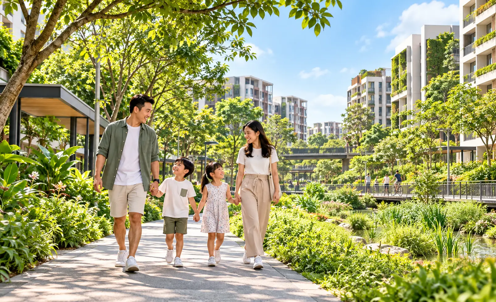 Young family with children walking through the green corridors of Tengah new town Singapore